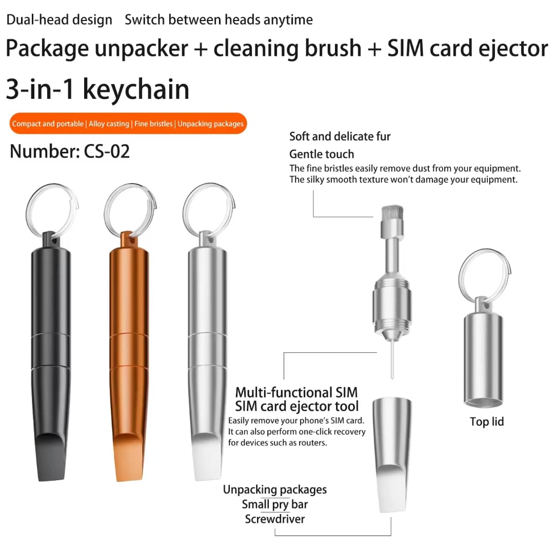 Onio High Quality Accessories 3 in 1 Sim Card Ejector Pin Needle Phone Cleaning Brush For Package Unpacker Portable Keychain.