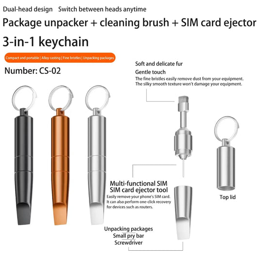 Onio High Quality Accessories 3 in 1 Sim Card Ejector Pin Needle Phone Cleaning Brush For Package Unpacker Portable Keychain.